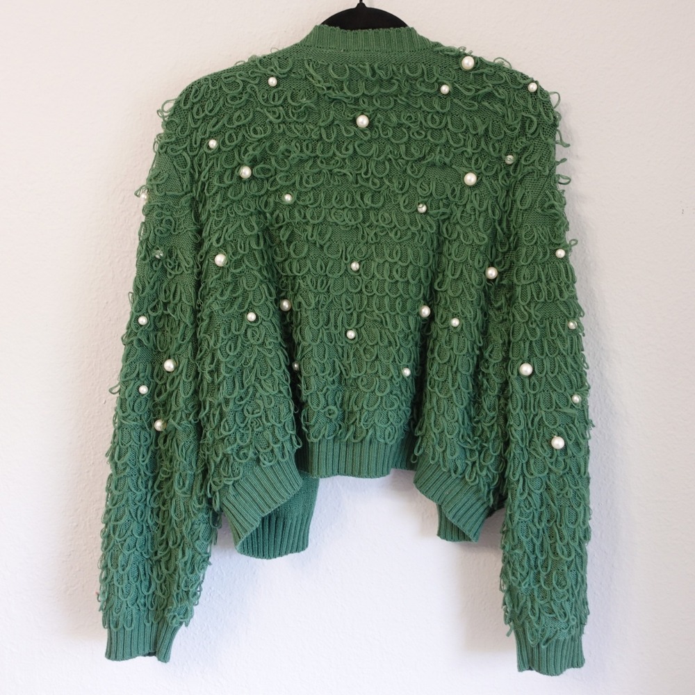 Vintage Y2K Green Loop‎ Knit Pearl Embellished Open Cardigan XL Shaggy Sweater - Picture 2 of 9